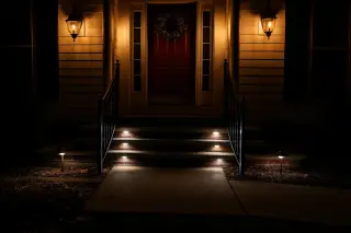 Nighttime entry stoop lighting providing warm welcome