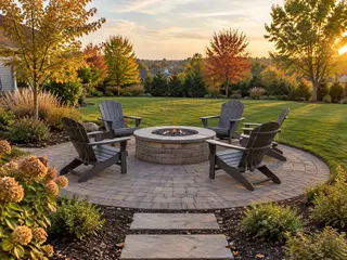 Open paver seating circle with six chairs around a low stone fire pit in an October backyard.