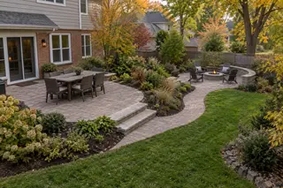 Connected backyard plan with paver patio, walkway, steps, seat wall, fire pit, lawn, and plantings.