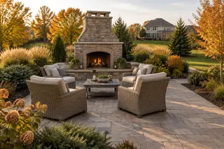 Stone outdoor fireplace at a paver patio edge with chairs facing it and October planting beds.